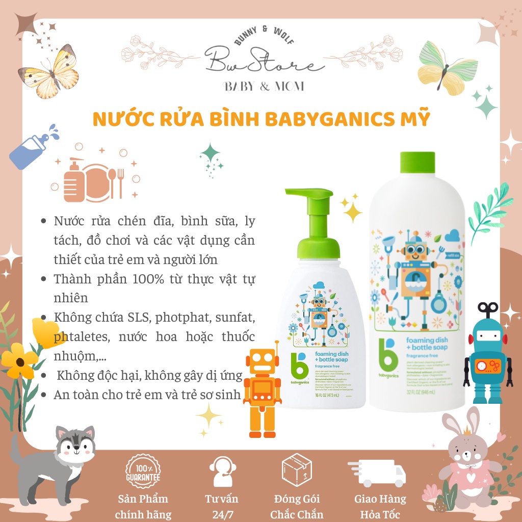 Nước Rửa Bình Sữa và Bát Đĩa BabyGanics Mỹ chai 473ml 946ml  Hàng Air - BW