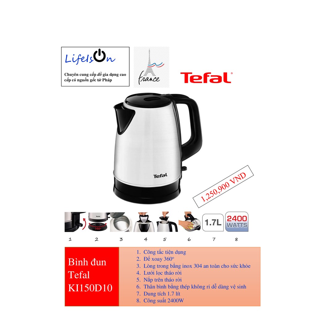 Bình đun siêu tốc TEFAL KI150D10 1.7 Lít_INOX_BẠC