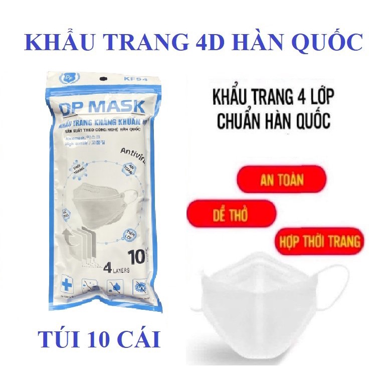 TÚI 10 KHẨU TRANG 4D KF94 KHÁNG KHUẨN CAO CẤP