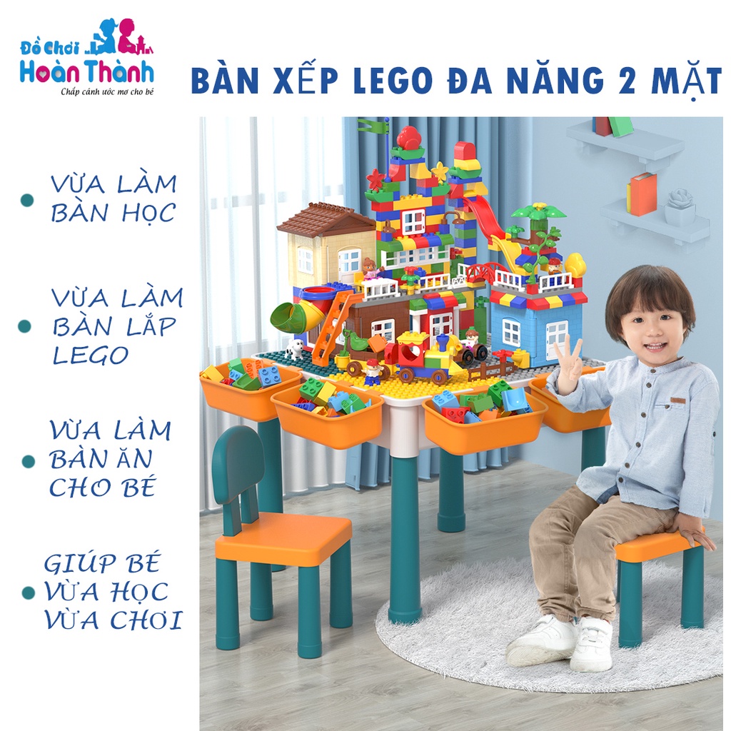 Bàn xếp lego đa năng cho bé, bàn giáo dục 2 mặt đa chức năng