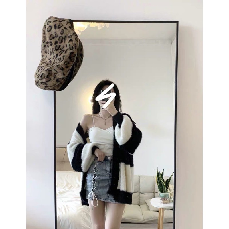 Áo Cadigan len lông phối kẻ đen trắng Ulzzang (ảnh thật) | BigBuy360 - bigbuy360.vn