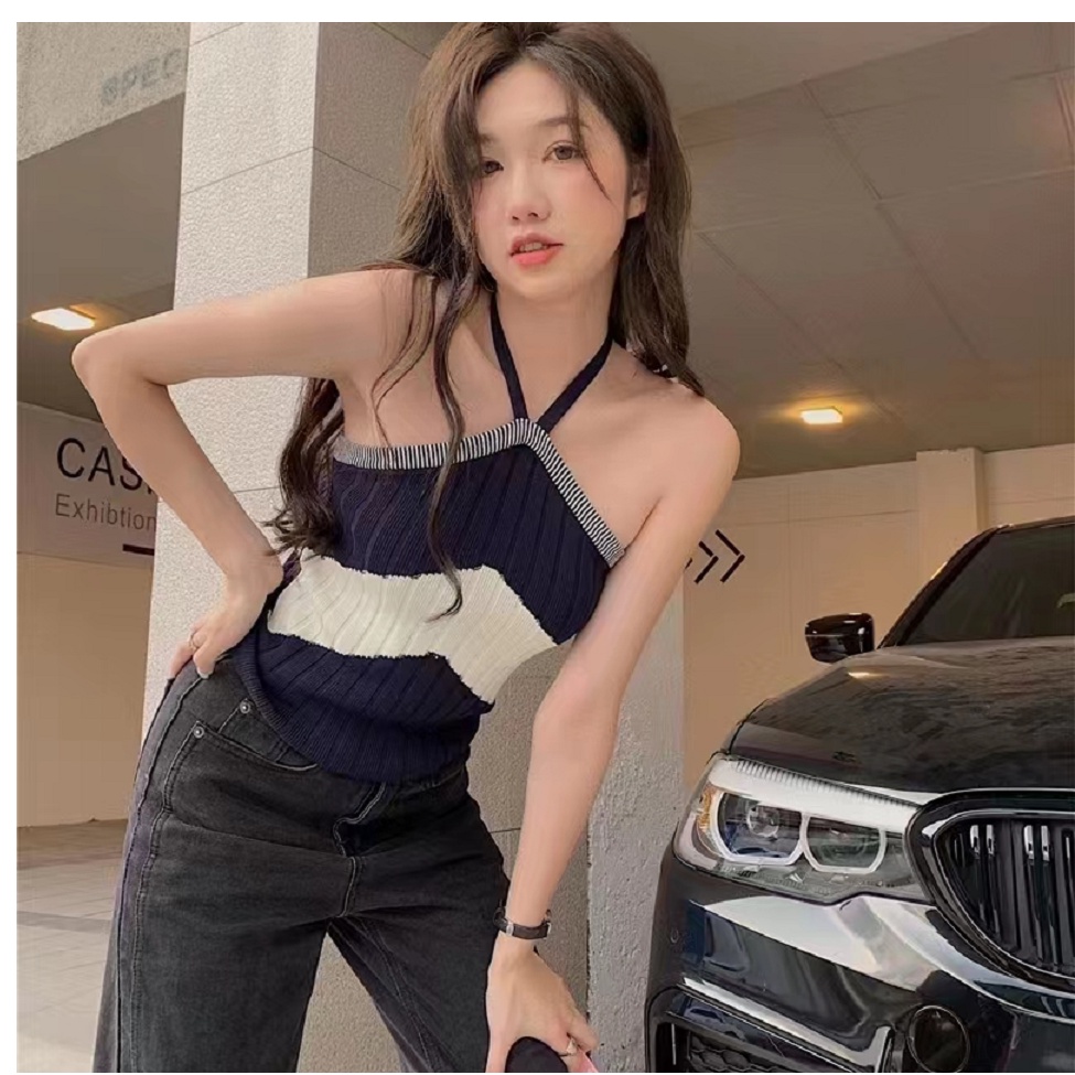 Áo lửng hai dây họa tiết kẻ sọc thời trang Hàn Quốc cá tính dành cho nữ