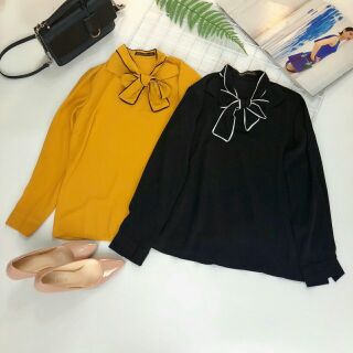 Sơ mi lụa cổ nơ viền