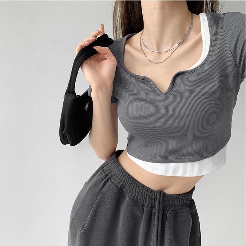 Áo Thun Croptop Ngắn Tay Giả Hai Lớp Thiết Kế Thời Trang Cho Nữ