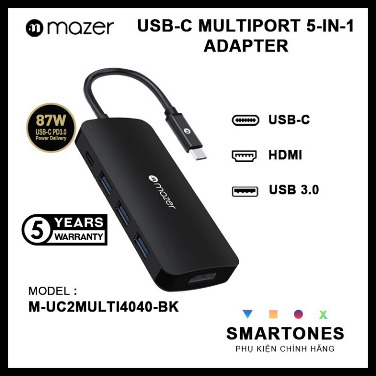 Cổng Chuyển Đổi Mazer USB-C 5-in-1 HUB hỗ trợ mở rộng HDMI 4K, USB 3.0 cho Laptop, điện thoại và Macbook, Bảo hành 5 năm