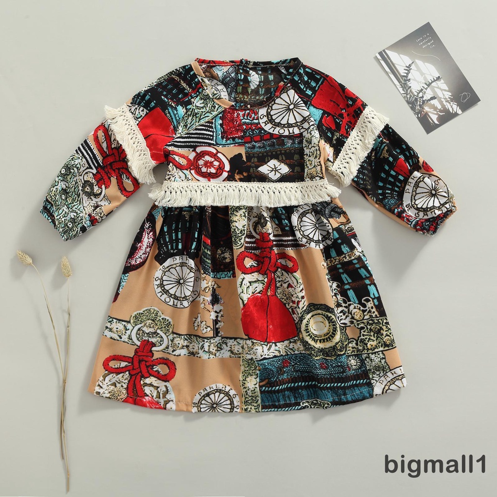 Đầm Tay Dài Họa Tiết Thổ Cẩm Phong Cách Bohemian Cho Bé Gái