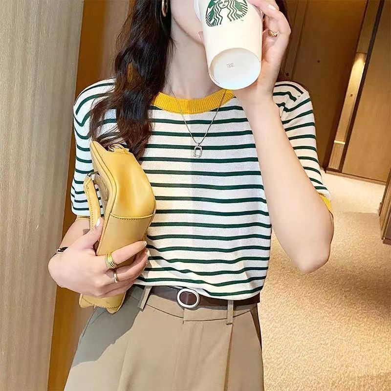 Áo Thun Dệt Kim Ngắn Tay Dáng Rộng Họa Tiết Kẻ Sọc Thời Trang Mùa Hè Mới Cho Nữ