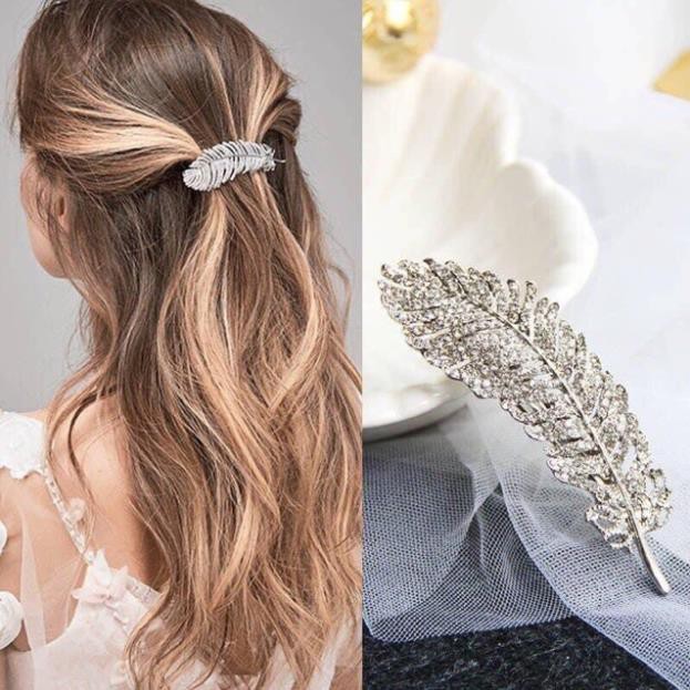 Kẹp tóc đính đá hình lá - Kẹp Cài Tóc Đá Hình Lông Vũ Retro Thời Trang