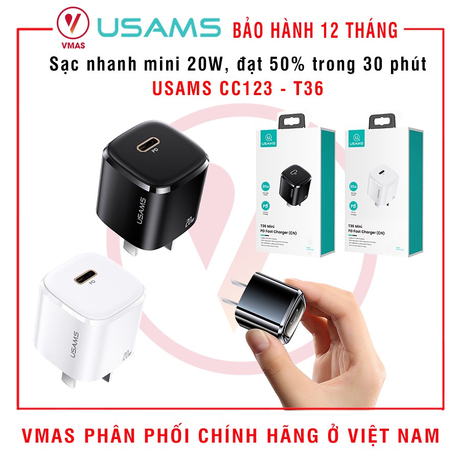 Củ sạc nhanh 20W mini USAMS US-CC123 T36, bảo hành 12 tháng chính hãng
