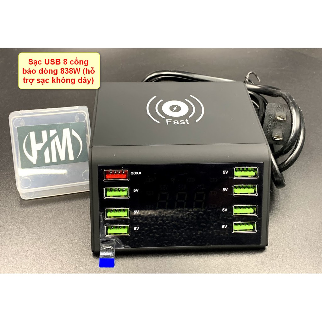 Sạc nhiều cổng có màn hình báo dòng sạc - hỗ trợ sạc không dây 838W (8 cổng)
