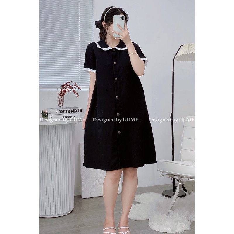 Váy bầu mùa hè đẹp GUME màu đen dáng suông cổ sen cúc gỗ dọc tay cộc chất vải sạn lụa mềm MB93- ảnh thật