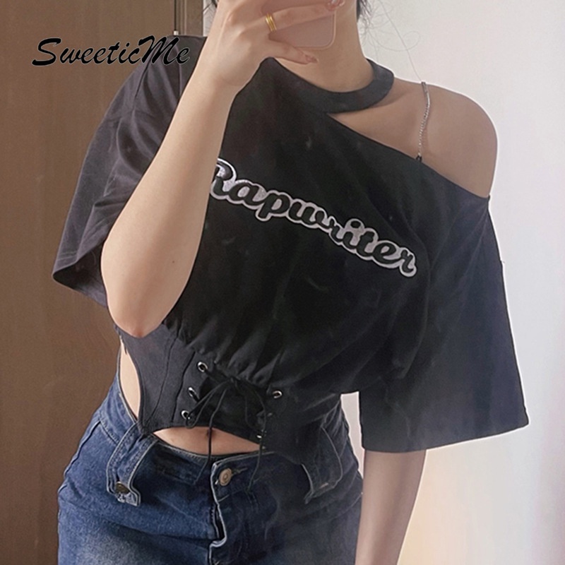 Áo Thun Trễ Vai Tay Ngắn In Chữ SweeticMe 2022 Thời Trang Cho Nữ