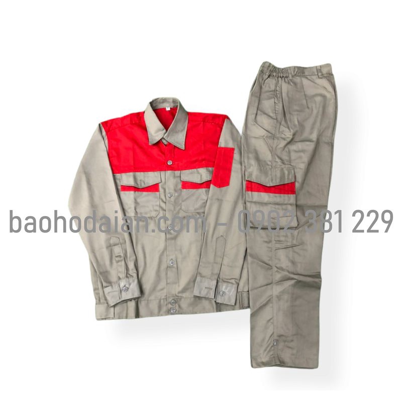 Quần áo bảo hộ lao động vải kaki 31 túi hộp màu ghi đất phối đỏ - M12
