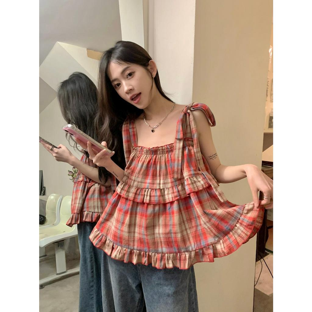 QADCOL Áo Hai Dây Dáng Rộng Họa Tiết Sọc Caro Phong Cách retro Thời Trang Mùa Hè Cho Nữ