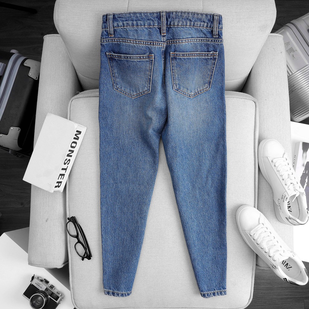 Quần Mom Jeans Nữ Lưng Cao Xanh Đậm Wash Đùi M-03B