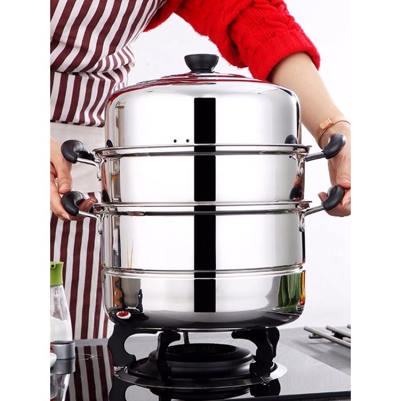 nồi hấp inox 3 tầng siêu tiện dụng vừa hấp vừa nấu size 28