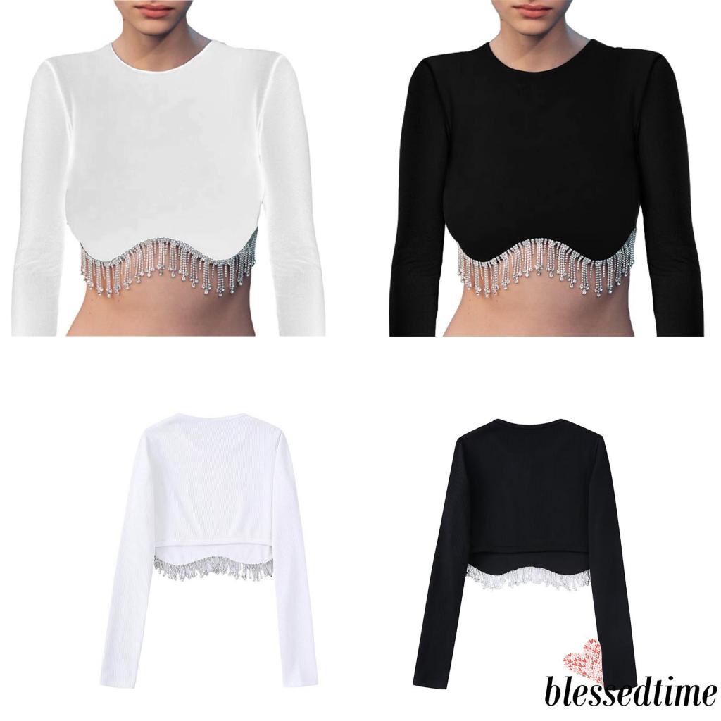 Blessedtime-áo Thun Tay Dài Cổ Tròn Phối Tua Rua Màu Tương Phản Thời Trang Xuân Thu S / M / L