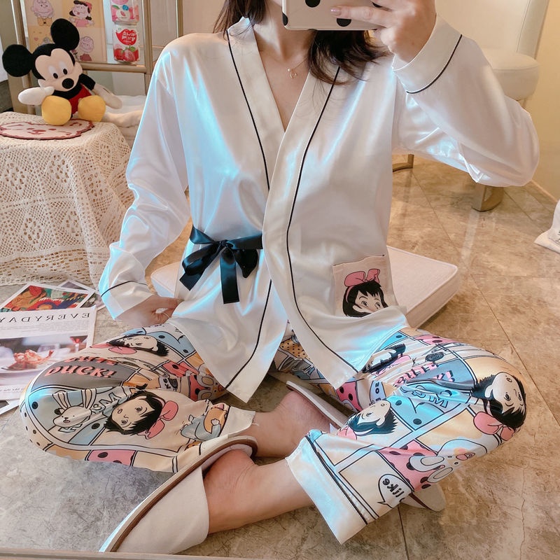 Bộ đồ ngủ tay dài kiểu kimono bằng lụa phong cách nhật bản dễ thương thời trang xuân thu dành cho nữ