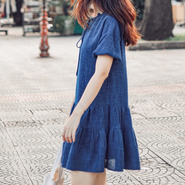 Đầm hạ eo xanh coban RUCHAN