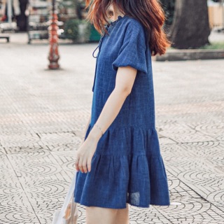 Đầm hạ eo xanh coban RUCHAN