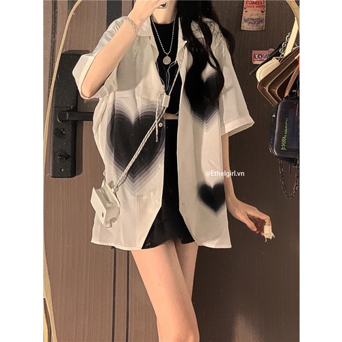 Áo Sơ Mi Tay Ngắn Cổ Polo Dáng Rộng In Họa Tiết Trái Tim Thời Trang Hàn Quốc Cho Nữ