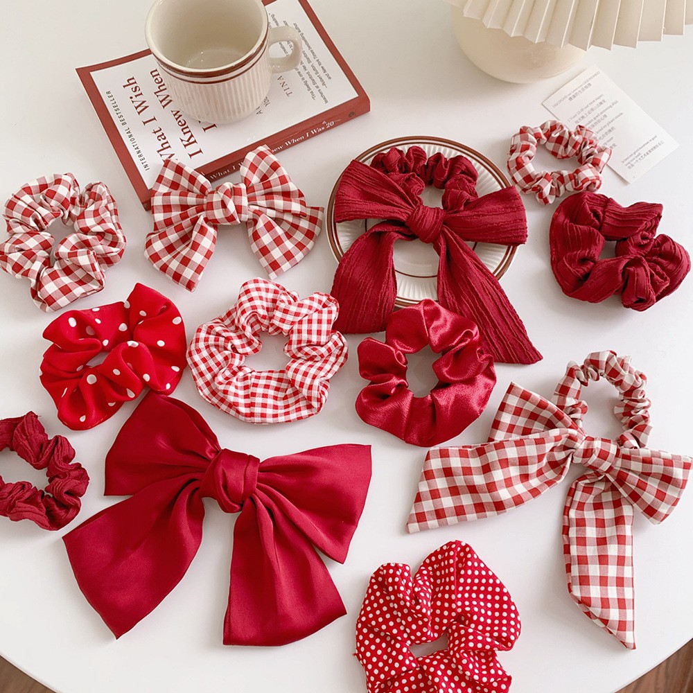 Cột tóc scrunchies-bst cột tóc màu đỏ phong cách nàng thơ Pháp