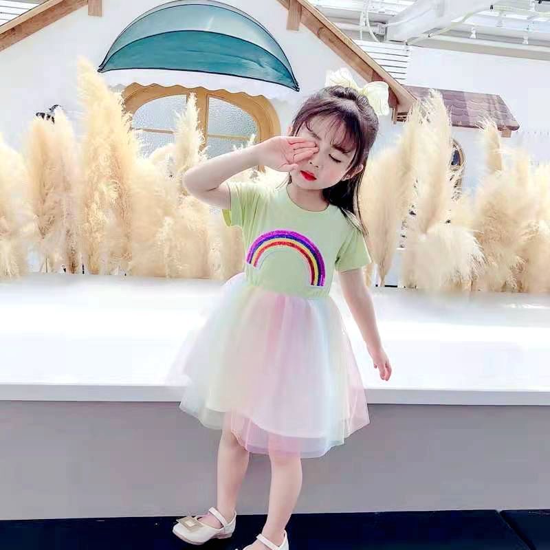 Đầm Công Chúa Phối Lưới Màu Cầu Vồng Thời Trang Mùa Hè Hàn Quốc 2022 Mới Cho Bé Gái