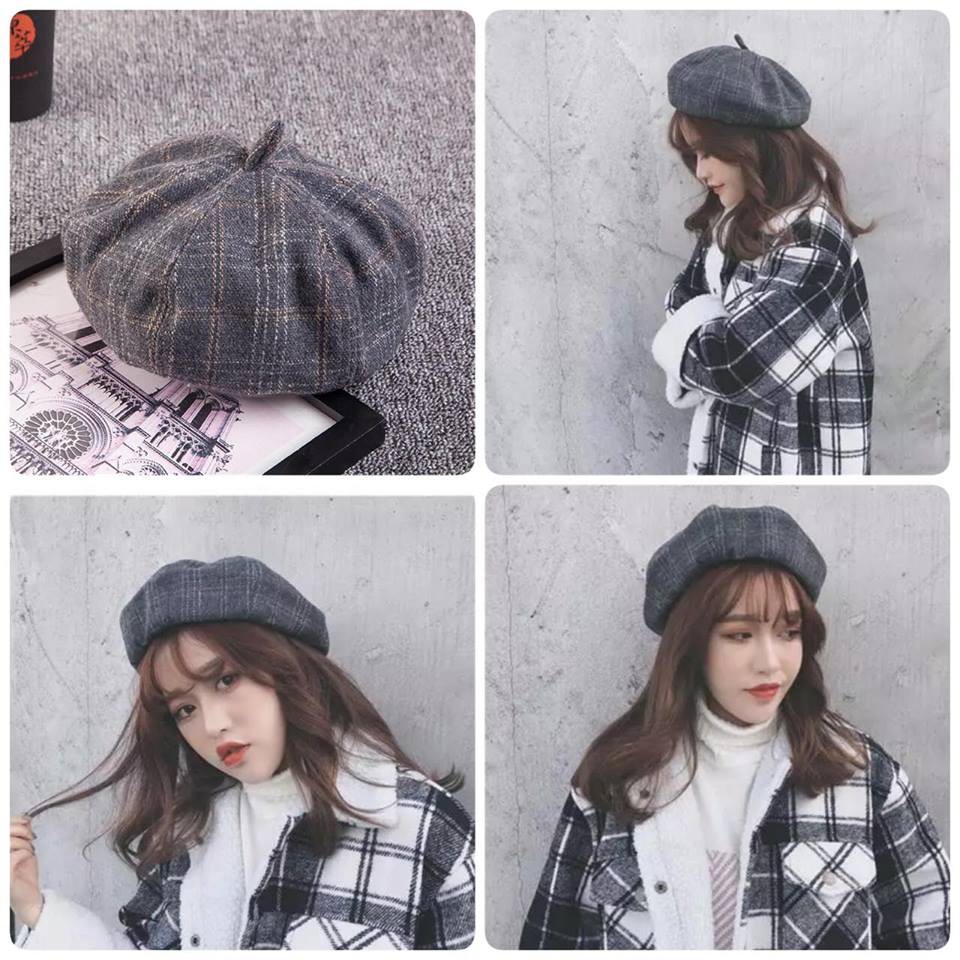 Mũ nồi beret caro có dây rút