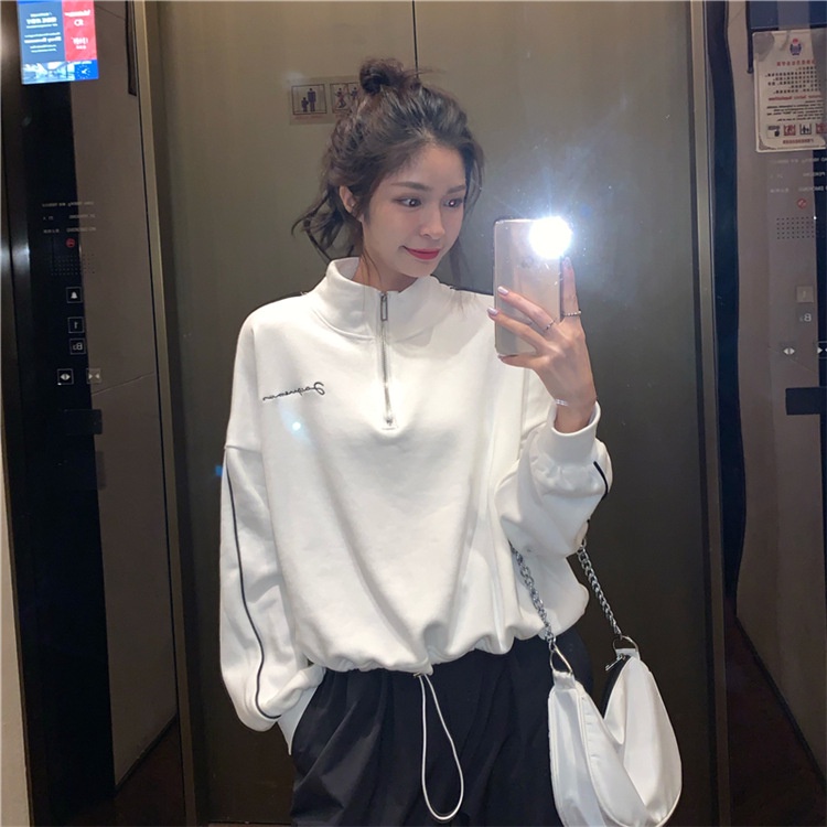 Áo sweatshirt nữ Perty cổ cao dáng rộng năng động phong cách Hàn Quốc