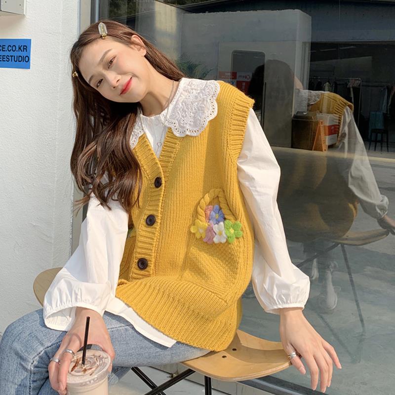 Áo Sweater dệt kim sát nách xếp ly kiểu Hàn Quốc thời trang xuân thu dễ phối đồ