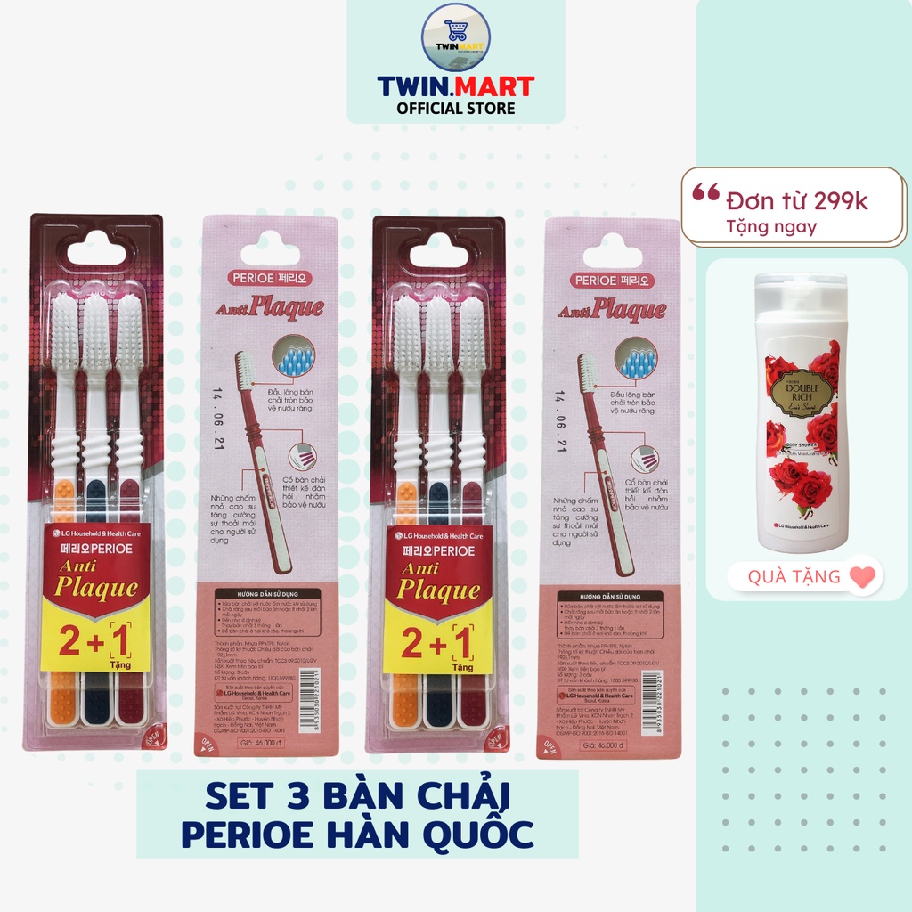 [SALE MUA 2 TẶNG 1] Set 3 cây Bàn chải đánh răng Perioe Anti Plaque Medium 2+1 - đầu lông bàn chải tròn, bảo vệ nướu