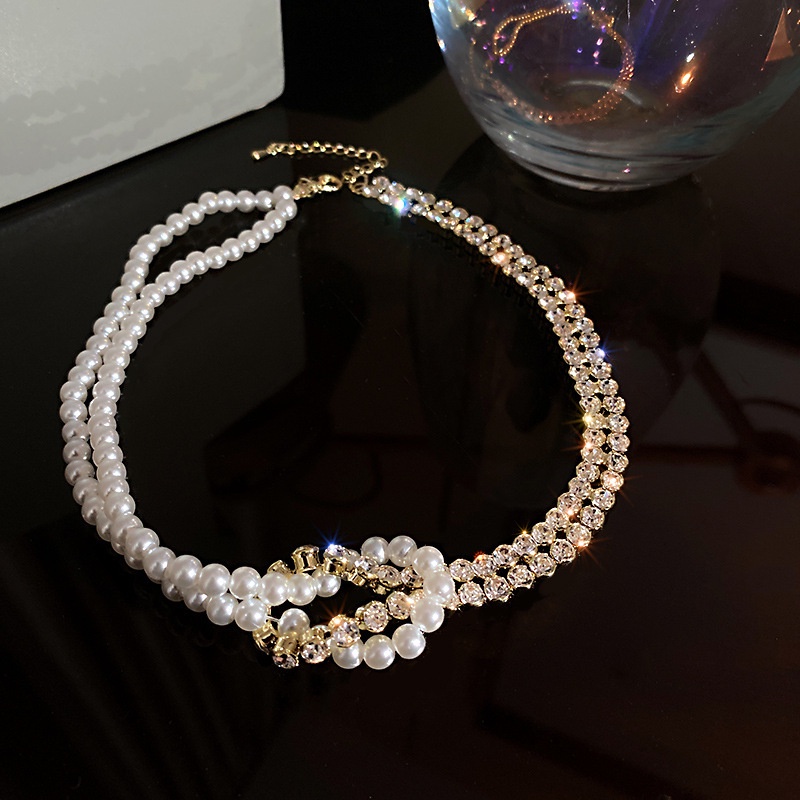 Dây chuyền choker nữ cao cấp chuỗi ngọc nhân tạo đính đá sang trọng phong cách Hàn Quốc 2022