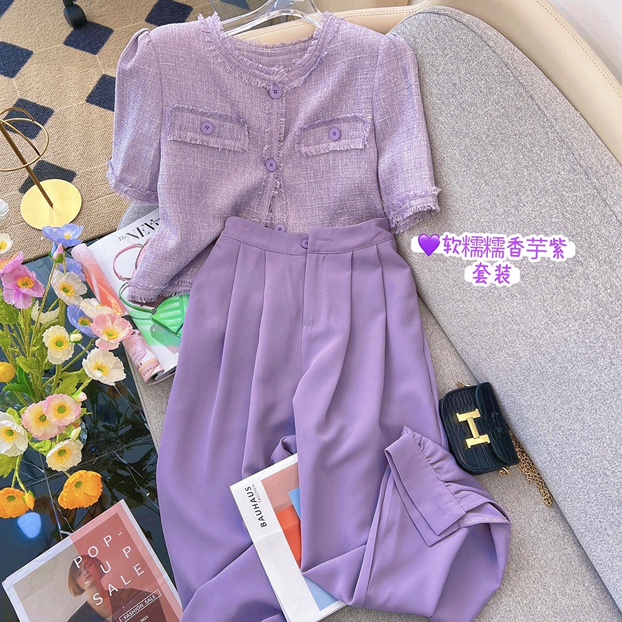 Bộ Áo Khoác Vest + Quần Dài Cỡ Lớn Màu Tím Nhạt Phong Cách Xiaoxiang Chuyên Nghiệp Thời Trang Hàn Quốc Cho Nữ