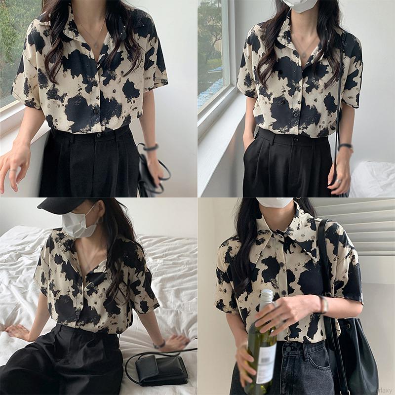 Áo sơ mi tay ngắn in họa tiết da báo thời trang cho nữ