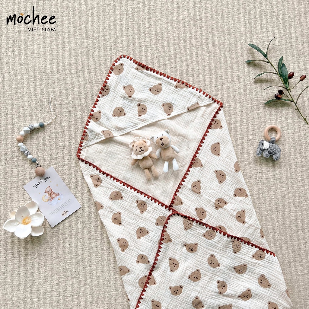 Chăn ủ có mũ Mochee vải cotton/muslin cao cấp, thấm hút mồ hôi tốt cho bé - KT 90cmx90cm