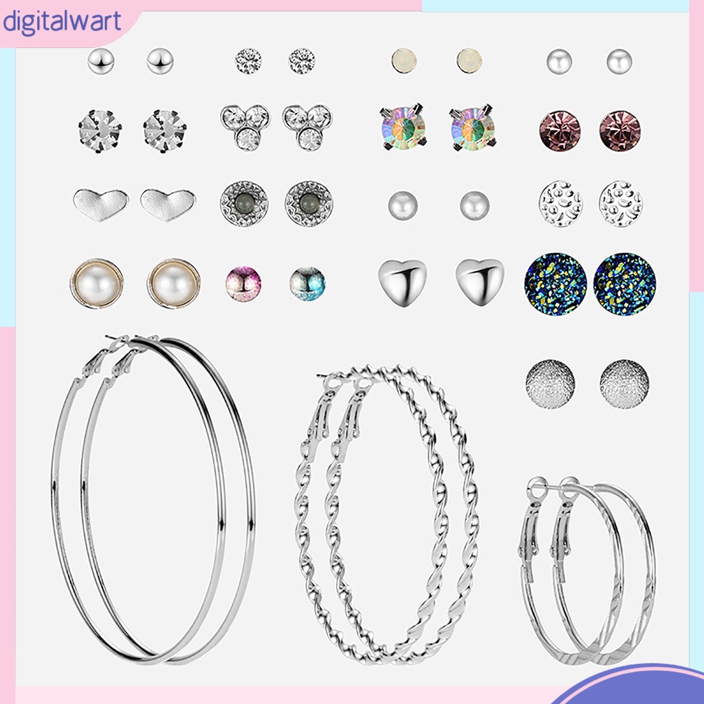 Set 20 Đôi Khuyên Tai Tròn / Trái Tim Đính Đá Thời Trang Cho Nữ