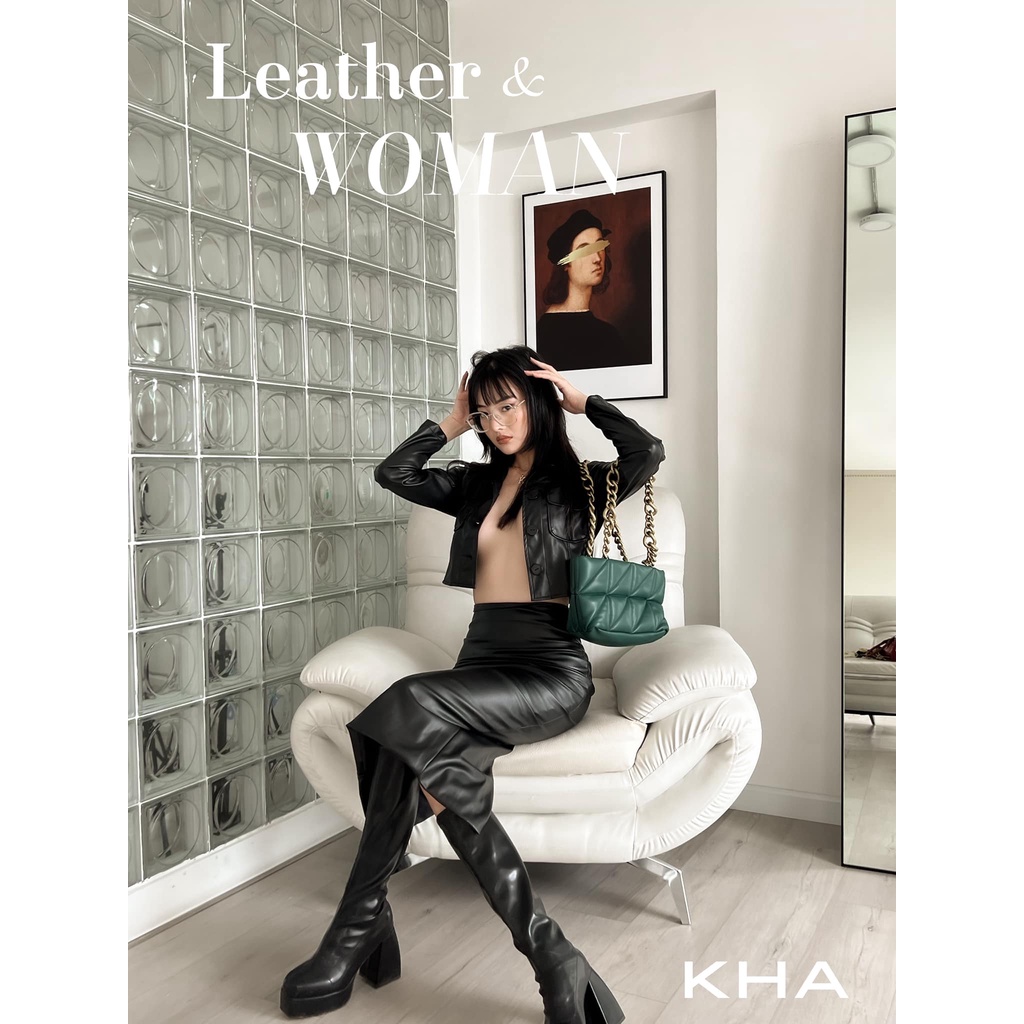 Áo khoác croptop cổ sơ mi vải da nhân tạo có túi ở ngực áo [ LEATHER JACKET by KHA ]