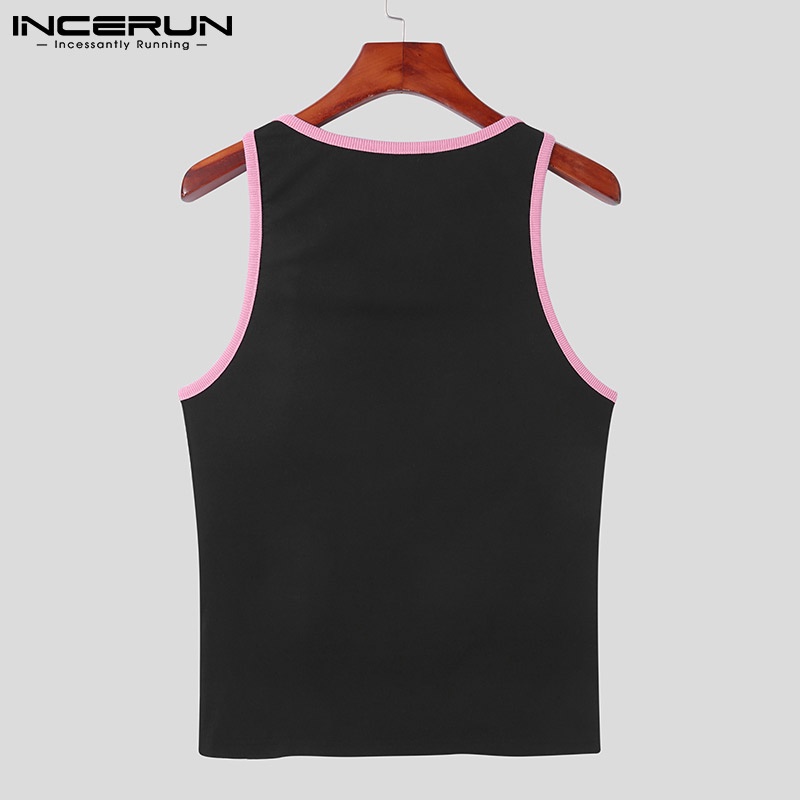 Áo thun INCERUN không tay màu đen cổ tròn màu sắc tương phản dành cho nam