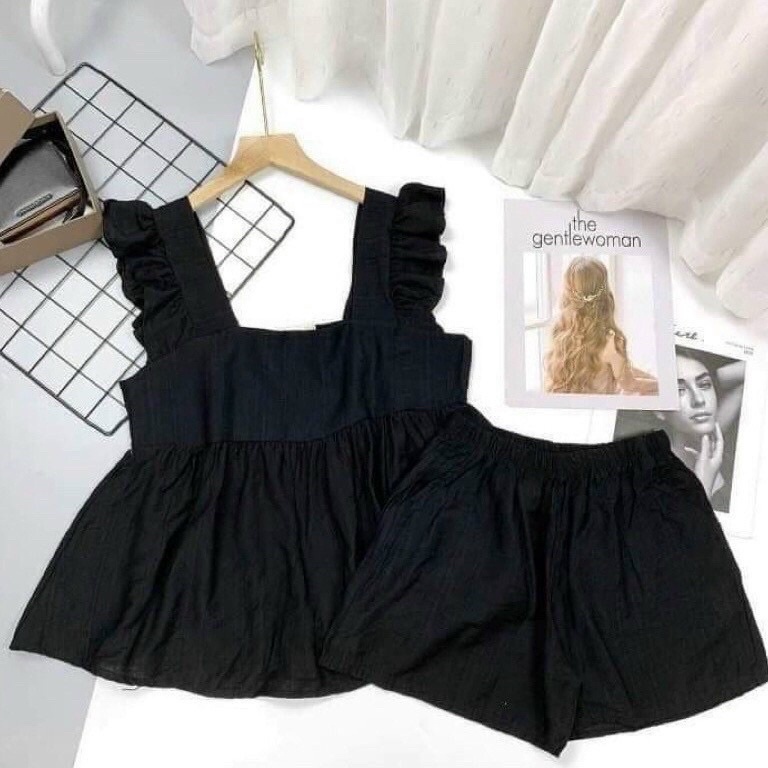 Set bộ đũi cánh tiên, bộ mặc nhà nữ áo dây cánh tiên cổ vuông chất đũi lụa siêu mát - Mia shore