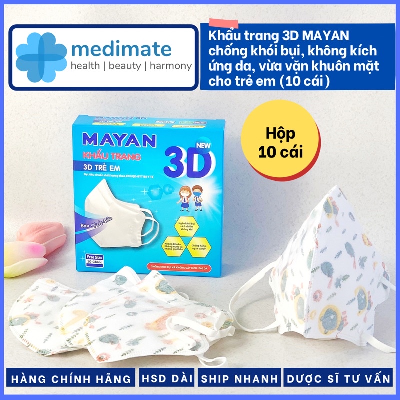 Khẩu trang MAYAN 3D chống khói bụi, không kích ứng da, vừa vặn khuôn mặt cho trẻ em (hộp 10 cái)