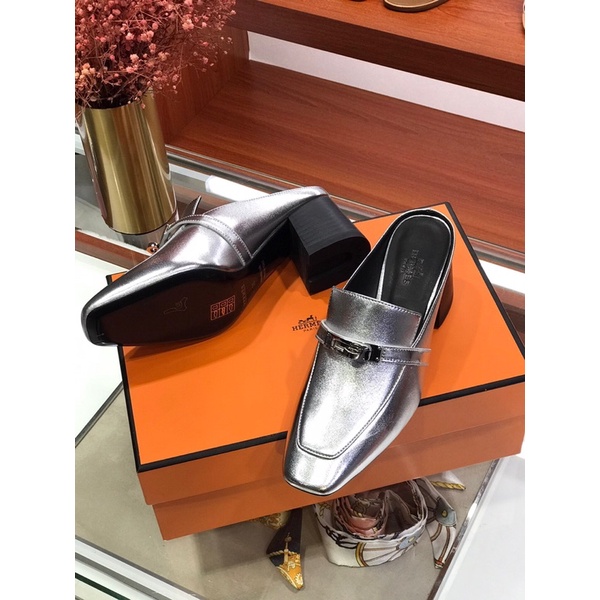 Giày sục gót cao 6cm cao cấp thương hiệu Hermes HM Blossom da thật mẫu mới