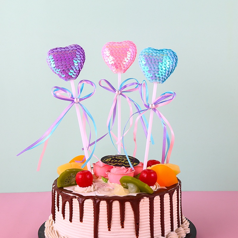 Phụ Kiện Cắm Trang Trí Bánh Kem Sinh Nhật Hình Trái Tim Đính Kim Sa Lấp Lánh Thẻ