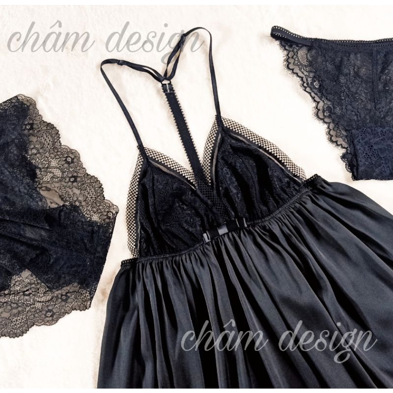 váy ngủ lụa satin màu đen thiết kế 1 dây sau lưng sexy. Hàng chuẩn thiết kế độc quyền
