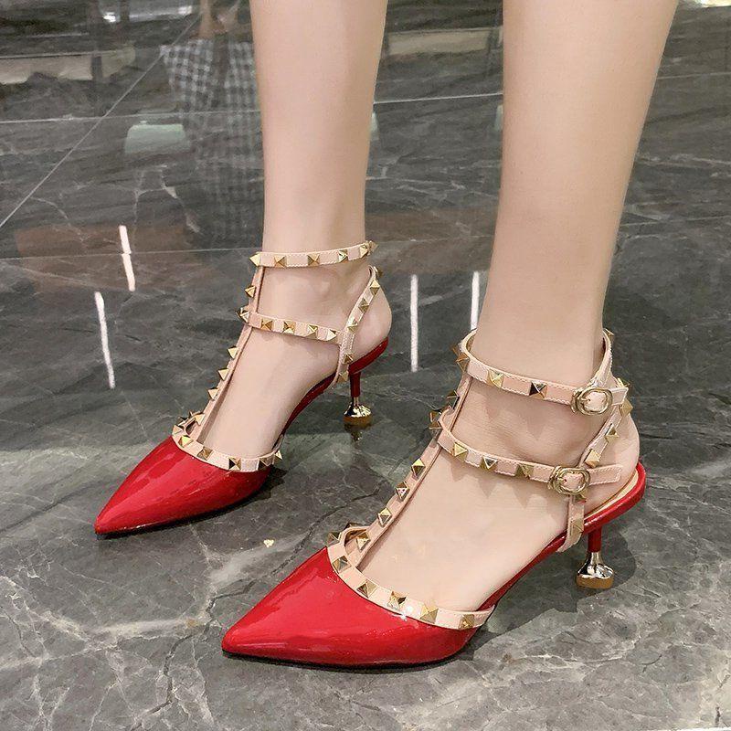 Xăng đan Cao Gót Mũi Nhọn Đính Đinh Tán Phong Cách Châu Âu Thời Trang Mùa Hè Mới Cho Nữ