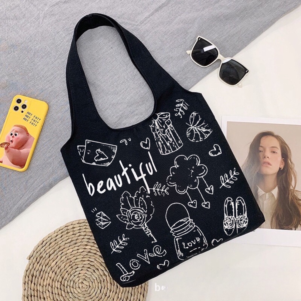Túi tote Hazin túi vải canvas nữ Beautiful đựng vừa laptop cỡ lớn đeo vai phong cách ulzzang