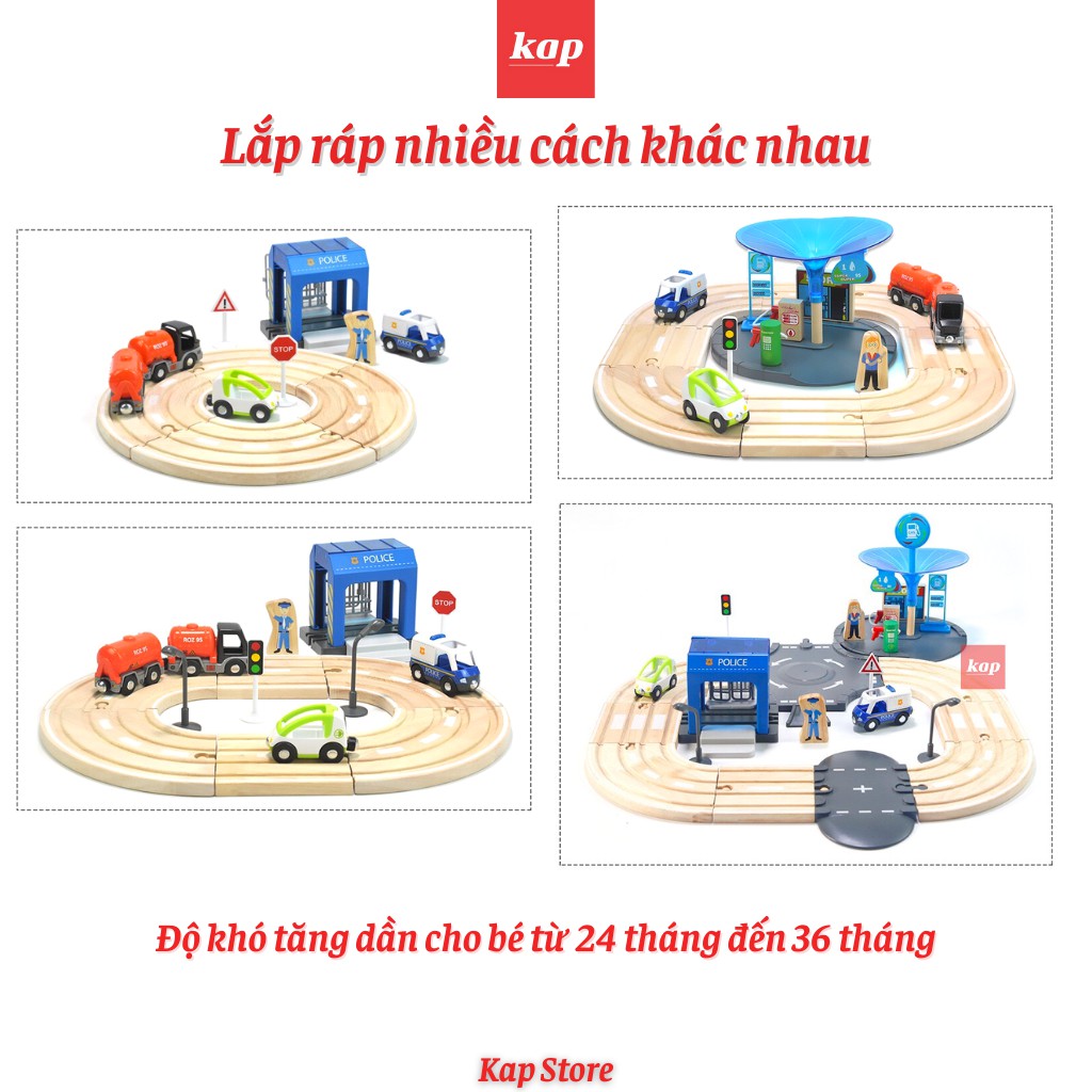 [2021 NEW] Bộ đường ray cao tốc, đường ray xe lửa gỗ, có đồn Cảnh Sát, trại giam