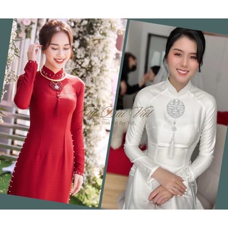 Áo Dài Cô Dâu 2 Màu Đỏ Trắng, Chất Lụa Cao Cấp, Chữ Hỷ Trước Ngực Kết Pha Lê Nhẹ Nhàng Nhưng Đầy Sang Trọng, Quyến Rũ