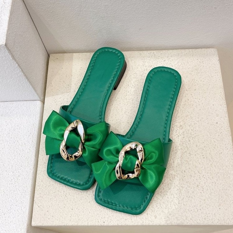 Big Size 35-43 Dép Sandal Nữ Da Đế Bệt Trang Trí Nơ Kim Loại Thời Trang Mùa Hè Cho