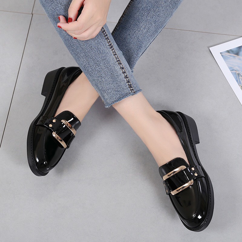 Xả Kho 3 Ngày: Giày Đốc Mũi Tròn Màu Đen Da Bóng Đế 3F Sêu Xinh - Giày Lười Nữ( Giày Đốc Khoá Vạch)