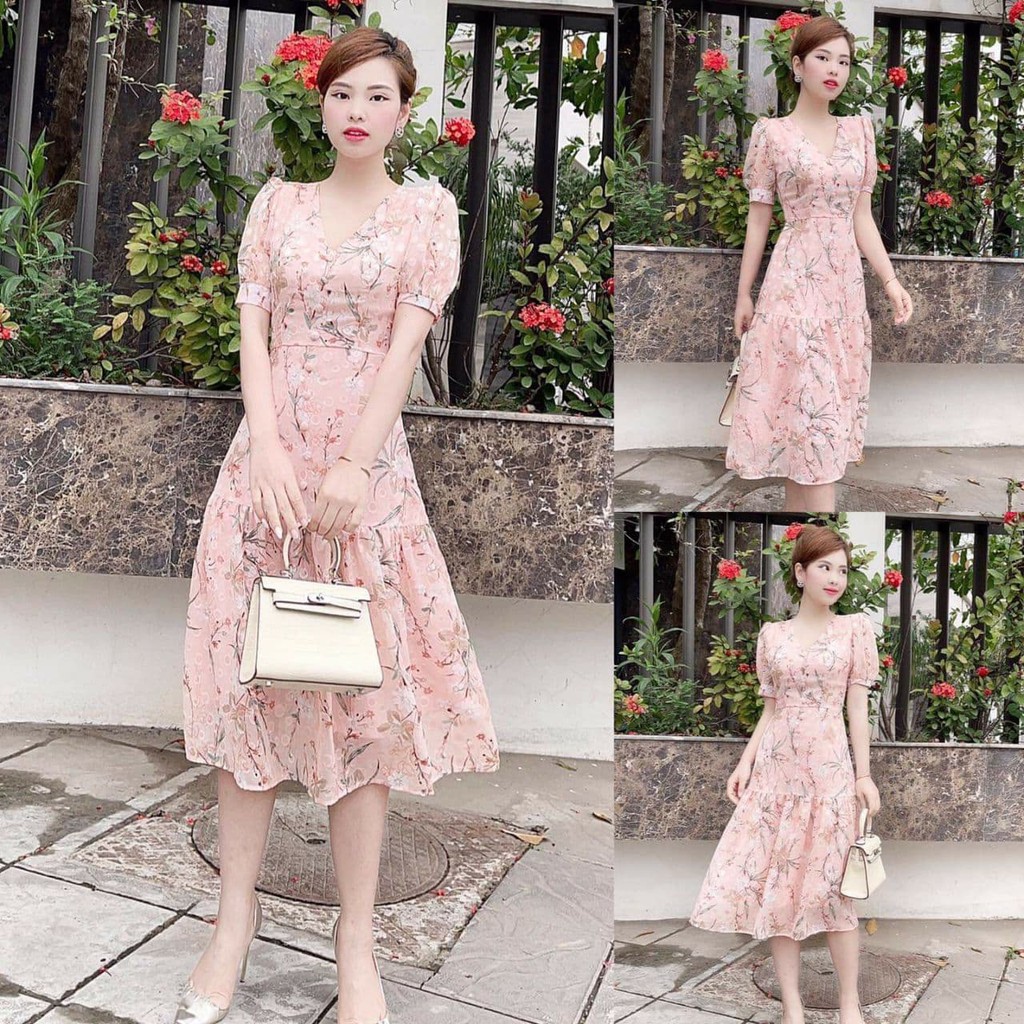 Đầm thiết kế chất voan lụa phối hoa lá nhẹ nhàng thanh lịch V1894 _Zin Boutique_Dress Design